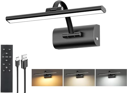 HUAEU Bildbeleuchtung Kabellos, 5200mAh Akku Bilderleuchte 30cm | LED Wandleuchte Innen mit Fernbedienung & Timer, 3 Dimmbar Farbtemperaturen Bilderlampe für Malen Foto Dartbrett, Schwarz