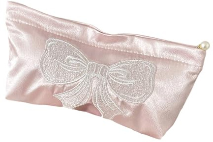 LUCKGONI Stilvolle Kosmetiktasche mit schimmernder Schleife, für Make-up, Aufbewahrung, Reise-Organizer, Satinstoff für Damen und Mädchen