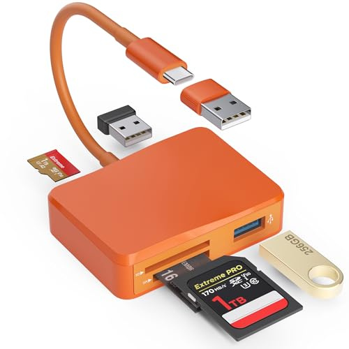SD Card Reader, 5 in 1 USB-C & USB Card Adapter with SD/MicroSD/MS and Dual USB-A Ports Memory Card Reader for iPhone 17/16/15 Pro Max iPad MacBook Pro/Air M4/M3 Android Phone/Tablet PC (Orange)