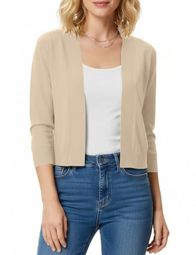 Halife Womens Cardigans Sweaters for Dresses 3/4 Sleeve Bolero Shrug Open Front Lightweight Cropped Cardigan Apricot M