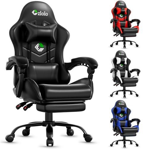 Czlolo Gaming Stuhl, Ergonomischer Gamer Stuhl mit Massagefunktion Lendenkissen, Fußstütze, Kopfstütze, 90-135°Verstellbare Rücklehne Gaming Sessel, Gamingstuhl für Kinder und Erwachsene, Schwarz