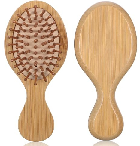 2 Haarbürste Holz, Kleine Haarbürste, kompakte Reisehaarbürsten aus Holz, tragbare Mini-Haarbürsten zur Kopfhautmassage für Handtasches, Urlaub und Auto, für alle Haartypen