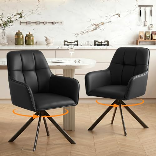 Ckaff Esszimmerstühle Drehbar 2er Set mit Armlehne, 360°Drehbar Polsterstuhl Kunstleder Modern Drehstuhl Küchenstuhl mit Metallgestell und Rückenlehne für Esszimmer Küchen Wohnzimmer Büro, Schwarz