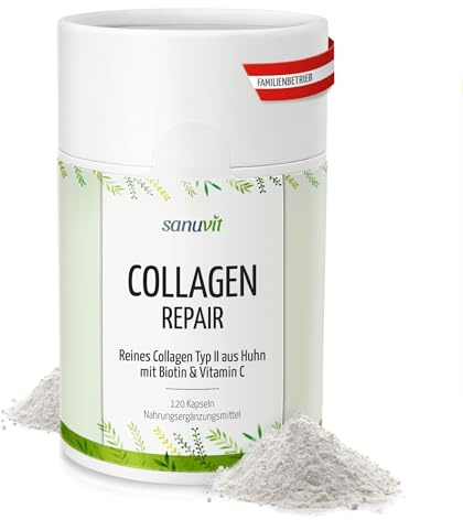 Sanuvit® - Collagen Repair mit 500 mg reines Hühnerkollagen aus EU-Hühner pro Kapsel | 120 Kapseln | Hochdosiert | Kollagenhydrolysat-Typ-II | Hohe Verträglichkeit | Hergestellt in Österreich