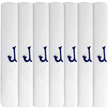 Paquete de 7 pañuelos para hombre, de satén blanco, con inicial bordada en azul J