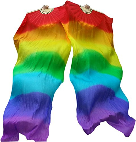 Winged Sirenny Belly Dance Silk Fan Veils Adjustable Pairs, 70(180 cm) Worship Praise Flags Streamers(Rainbow)