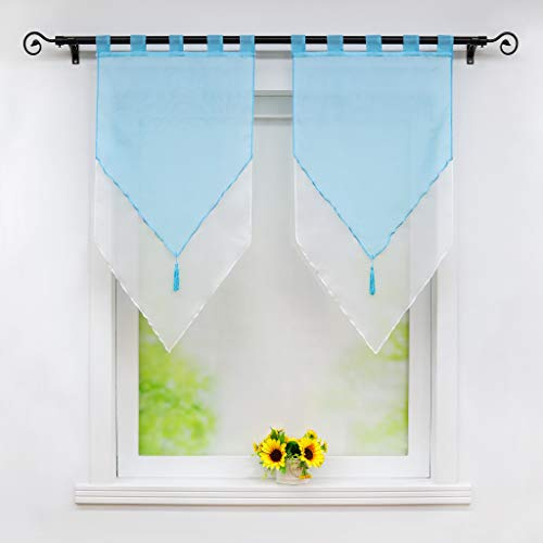 Joyswahl Scheibengardine Voile Panneaux 60x90cm Lydia 45x90cm Blau/Weiß | Bistrogardinen mit Quaste,Landhausstil,Zweifarbig,Doppelschicht Kurzstore,Mit Schlaufen,2 Stück,Küchengardinen modern