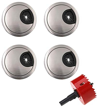 JZK 4 x Metall 60mm Kabeldurchführung mit 60mm Lochsäge, Kabeldurchlass Tisch-Kabelführung zum Eindrücken Kabeldurchführungen für Möbel Schreibtisch Computer Tisch