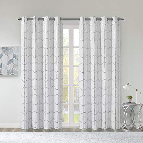 Intelligent Design Raina Total Blackout Metallic Print Grommet Top Single Curtain Panel Thermal Insulated Light Blocking Drape for Bedroom Living Room and Dorm, 50x63, White/Silver 1 Piece