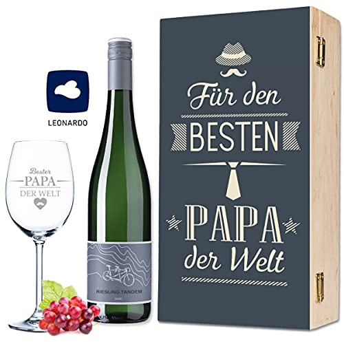 GRAVURZEILE Leonardo Weinglas Mit Gravur Inkl. Holzkiste - Bester Papa Der Welt - Geschenk Ideal Als Vatertagsgeschenk - Weiß- Und Rotweinglas Im Geschenkset