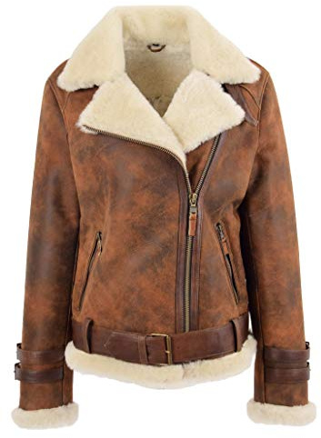 House of Leather Damen Echt Schaffell Jacke Flieger Kreuzen Reißverschluss Biker Stil Lena Braun Im Antik-Finish 44