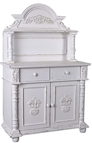 PALAZZO INT BUFFETSCHRANK „CHÂTEAU ROYAL“ – Landhausstil Küchenschrank Holz Altweiß Shabby Chic 2 Türen 2 Schubladen Aufsatz mit Regalböden Vintage Küchenbuffet Antik Stil 142×90×40 cm
