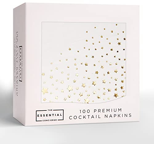 The Essential Concierge Stylish 5x5 Inch Gold Star Napkins -100 Pack of White and Cocktail - Add Sparkle to Your Event with Party 3 Ply Disposable Wedding or Dessert