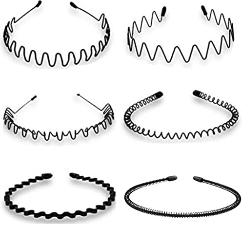 Metall Haarband, 6 Stück Haarreifen Männer Damen Schwarz Wavy Hairband,Elastisches Spiralhaarreif Rutschfestes Haarreif für Sport Yoga