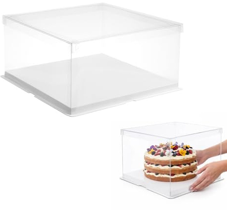 Cabilock 2 Pcs Clear Cake Boxes with Board 14x14x7 In Transparent PET Plastic Tall Bakery Display Container for 12 Inch Tiered Desserts Wedding Party