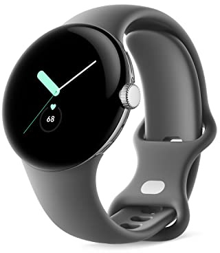 Google Pixel - Android Smartwatch with Fitbit Activity Tracking - Heart Rate Tracking Watch - Polished Silver Stainless Steel case with Charcoal Active band - LTE