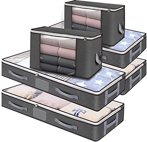 JMIATRY 6 Pack Underbed Storage Box with Lid, Large Underbed Storage Bags with Handles and Zips, Foldable Non Woven Under Bed Storage Bag for Quilt, Clothes, Comforters and Blankets