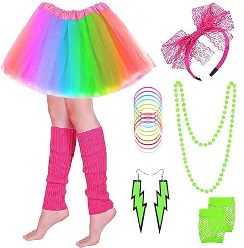 PINEPAN Neon kostym tillbehör set tutu kjol spets rosett pannband neon örhängen halsband benvärmare fisknät handskar armband regnbåge