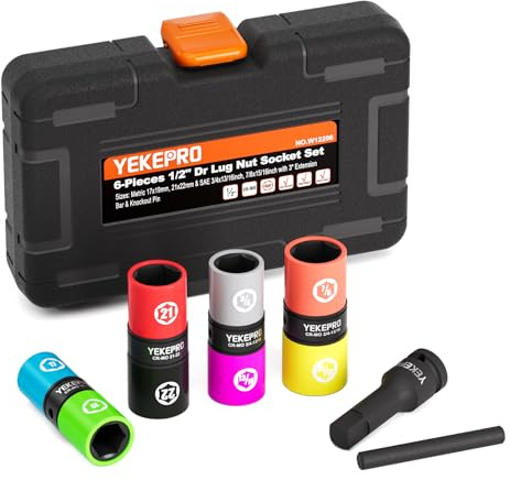 YEKEPRO Lug Nut Socket Set, 8 Size 1/2-Inch Drive Wheel Impact Flip Hex Socket Set, Non-Marring & Thin Wall Lug Nut Socket Set, Lug Nut Removal Tool For Car, Cr-Mo Steel, W12206