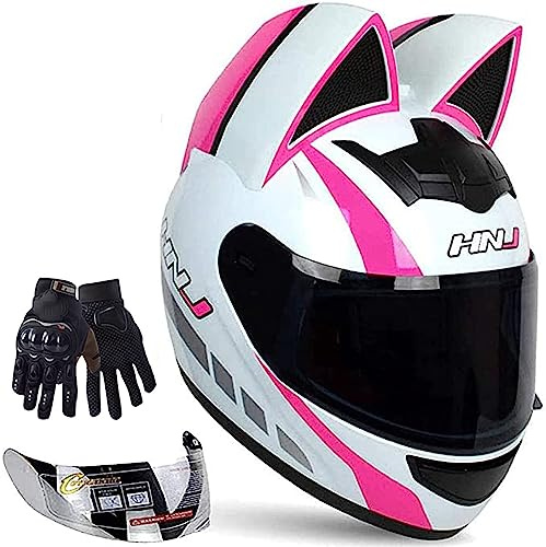 Casque De Moto pour Femme Casque Intégral Oreille De Chat Casque De Moto Intégral Homologué ECE Casque De Protection Quatre Saisons avec Visière pour Course De Vélo De Rue E,S=50-53CM
