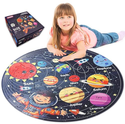 TALGIC Puzzles for Kids Ages 4-6 with Solar System Planets, 70 Piece Round Large Kids Floor Puzzles for Ages 3 4 5 6 7 8, Educational Toy Gift Jigsaw Puzzles for 5 Year Old Boys Girls