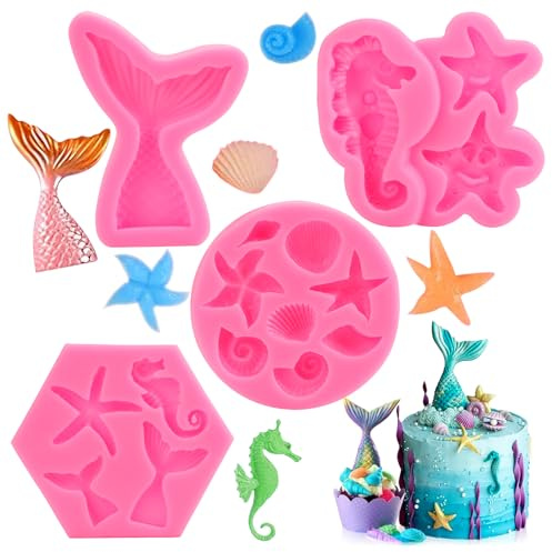 GOTRUST Mermaid Silicone Cake Moulds, DIY Marine Theme Fondant Mould Set | 4PCS 3D Mermaid Tail Baking Molds, Marine Animals Seashell Candy Mold for Chocolate Cupcake Decorations