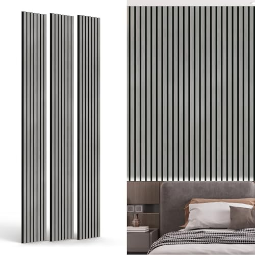 INNO STICKERS 3-Pack Wood Slat Wall Panel for Interior Wall Decor Noise Cancelling 94.5 x 11.4 Acoustic Decorative 3D Sound Absorbing Wall Paneling, Gray Oak, Covers 22.4 Sq. Ft