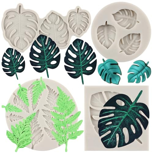 MYPRACS Set di 4 stampi in silicone a forma di foglia tropicale, felce, monstera, foglie di fondente, per decorazione di torte, caramelle, cioccolato, pasta di gomma, pasta polimerica