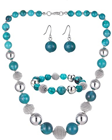 FULU AUTUMN 3 Pcs Parure de Bijoux Collier de Perles Grosses Bracelet et Boucles d'Oreilles Cadeau d'Anniversaire pour Femme(Sea Green)