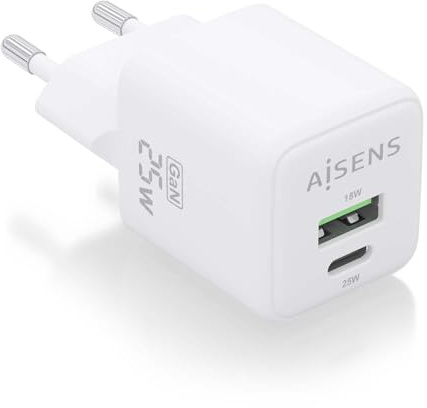 AISENS - ASCH-25W2P014-W - Cargador GAN 25W, 1XUSB-C PD3.0 QC4.0, 1XUSB-A QC3.0, Blanco