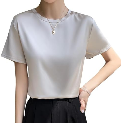 Dam satin kortärmad lös och trendig rund hals enfärgad t-shirt, ledig topp.