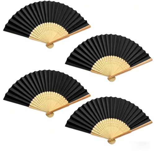 iwiio 4PCS Hand Fan Folding, Black Portable Folding Fan for Wedding Party Dancing Cosplay Home Decorations Birthday Gifts Women Men