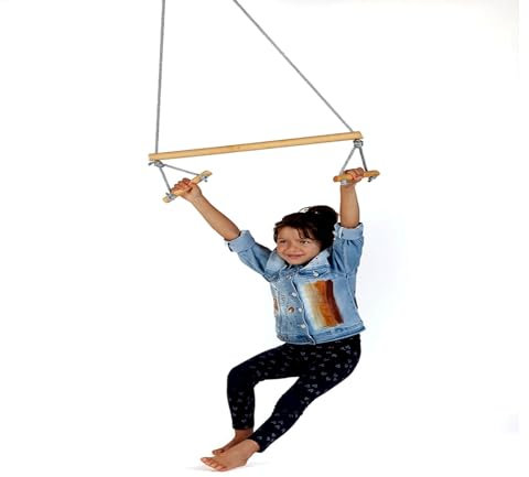 Jungengel Trapez Schaukel Holz 80 cm - 2-in-1 Kinder Turnstange mit Handgriffen, Deckenmontage Set inklusive Dübel, Gymnastik Spielgerät ab 3 Jahren, 60 kg Tragkraft, Indoor