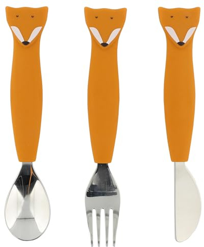 Trixie Mr. Fox Silikon-Besteck-Set, 3er-Pack, Kleinkind-Utensilien, weich, langlebig und griffig, Löffel, Messer und Gabel, sicheres Geschirr für Kinder, die essen lernen
