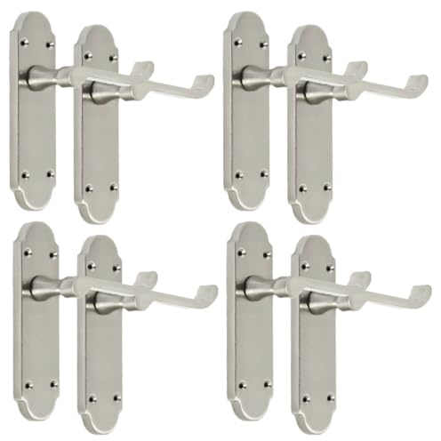 Epsom Door Handle Victorian Scroll Satin Nickel Internal Door Handle Sets – Lever on Backplate 170mm x 42mm – Includes Tubular Latch – 4 Pairs