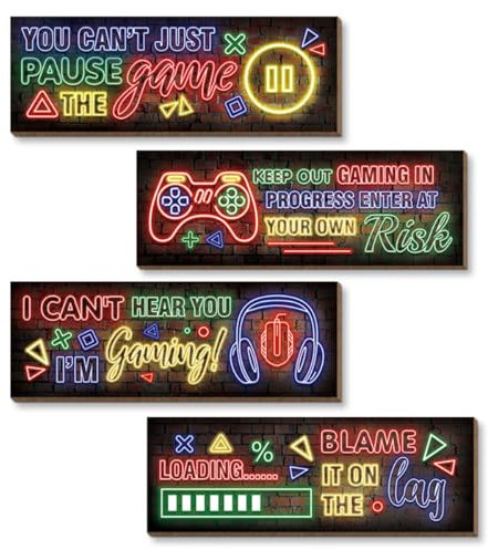 4Pcs Pósteres De Madera Para Juegos, Cuadros De Pared, Juego De Cuadros De Pared Para Sala De Estar, DecoracióN De Pared Para Habitaciones De (Neón A)