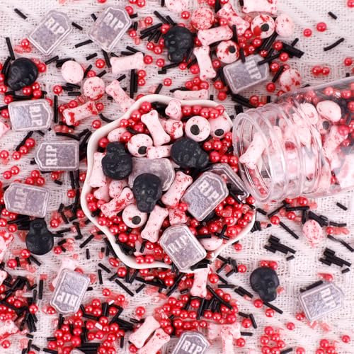 Morofme Essbare Halloween Streusel, 100g/3.5 oz Essbare Zuckeraugen, Mit Tombstone Schädel Blutige Augen Rote Pfirsiche Mix Halloween Kuchen Cupcake Toppers für Cookie, Muffins, Weihnachten Backen