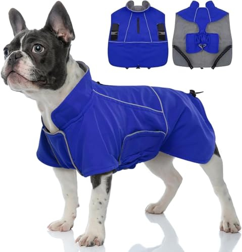 Katzinst Hundemantel Wasserdicht, Hundejacke Winter, Fleece Hundemantel mit Leinenloch, Reflektierend Streifen,Wasserabweisend,Verstellbarer Bauchgurt, Bauchschutz, Winddicht, Beagle - Blau, L