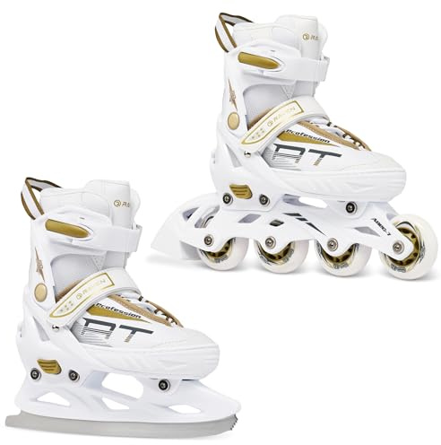 RAVEN Profession Pattini in linea Inline Skates per bambini e adulti OPZIONALE 2in1 con Pattini da ghiaccio regolabili (White/Gold con pattini di figura, 31-35 (20,5cm-23cm))