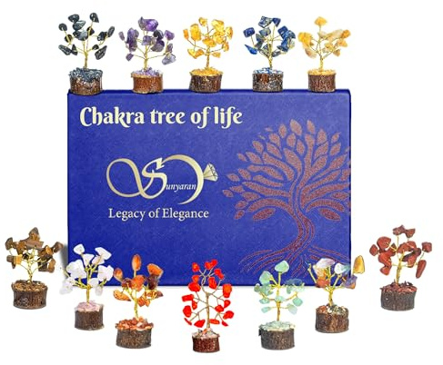 SUNYARAN Chakra Heilung Kristall Baum Set mit 12 Handgefertigten Baum des Lebens, Steine für positive Energie, Glück, Heim- und Büro-Schreibtischdekoration, Geburtstagsgeschenke für Mutter und Lieben