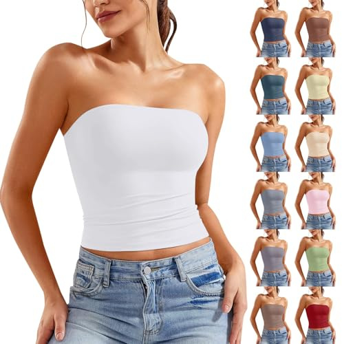 Dasongff Bandeau Tube Top Femme Haut Court Dos Nu T-Shirt Sexy Caraco sans Bretelles Débardeur sans Manches Y2K E-Girl Crop Top Bustier Mode Couleur Unie Slim Fit Tube Tops Hipster