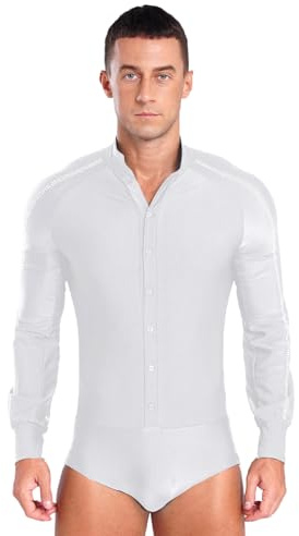 Sywiyi Herren Latein Tanzhemd Langarm Oberteil Einteiler Body Hemdbody Tanzshirt Ballroom Wertkampf Tanzkostüm Weiß L