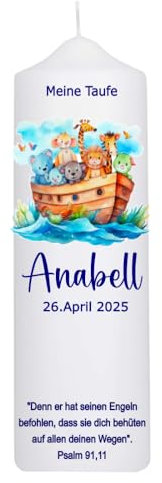 Taufkerze Mädchen oder für Jungen mit Taufspruch, Arche Noah 25 cm x 8 cm, personalisierte Taufkerze, bedruckte Kerze zur Taufe, Stumpenkerze zur Taufe, Taufgeschenk,Kommunionkerze,Patenkerze
