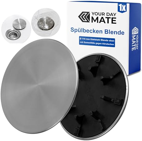 Cover for sink, Ø 115 mm, compatible with Blanco, Franke, standard strainer baskets, stainless steel cover with plastic substructure, kitchen sink cover drain system, drain set aesthetics