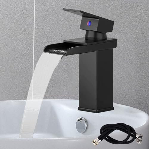 Rubinetto a cascata per bagno nero, lavabo in acciaio inox, rubinetto per acqua calda e fredda, moderno miscelatore monocomando, per bagno (tubi da 60 cm inclusi)