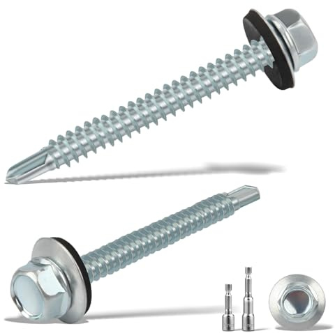 sturiz 45 Stück Blechschrauben Selbstschneidende Schrauben 5.5 x50MM Trapezblechschrauben Spenglerschrauben mit Dichtscheibe+2 Stk Sechskant Bit Steckschlusselsatz M8 Verzinkt Bohrschrauben (Silber)