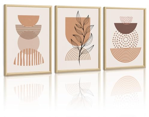 WENGTIAO Cuadros con Marco, Abstracto Geométrico Cuadros Decoracion Salon | Modernos Beige Marrón Minimalista Botánico Neutro Pintura Sobre Lienzo para Dormitorios Decoracion Pared Casa 40x60cmx3