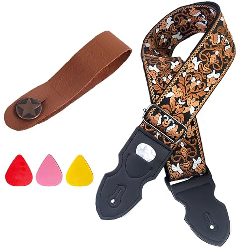 SSKHE Correa Guitarra, Correa de Guitarra para Guitarra Baja,Eléctrico,Acústica y ukelele,Accesorio Correas De Algodón Bordado Jacquard Con Extremos De Cuero