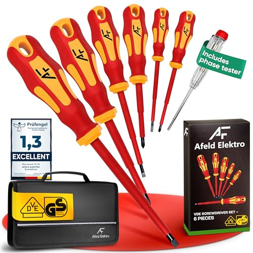 Afeld Elektro Jeu de Tournevis Électricien VDE Isolé 1000V – 6 Pièces + Testeur de Phase – 3 Plats & 3 Cruciformes – Acier S2 Professionnel – Aimantés avec Trousse à Outils Robuste