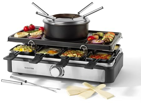 Salter Parrilla Eléctrica Raclette & Fondue - Parrilla Interior 2 en 1, Olla para Derretir de 1,3L, Fondue de Queso, 6 Tenedores, Temperatura Ajustable, 8 Sartenes y Espátulas Antiadherentes, 1400W